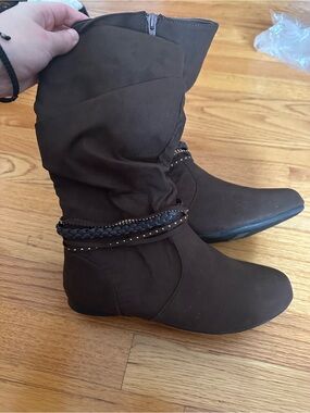 Women's Brown Mid-Calf Slouch Boots with Braided Strap Detail